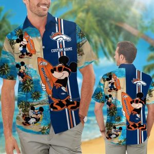 Denver Broncos Mickey Name Personalized Short Sleeve Button Up Tropical Hawaiian Shirt