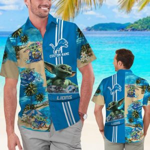 Detroit Lions Baby Yoda Name Personalized Short Sleeve Button Up Tropical Hawaiian Shirt