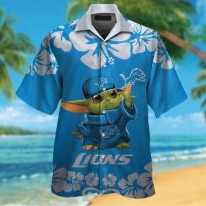 Detroit Lions Baby Yoda Short Sleeve Button Up Tropical Hawaiian Shirt