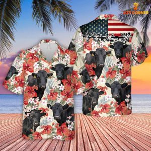 Dexter Cow Embracing Us Flag Hibiscus Hawaiian Shirt
