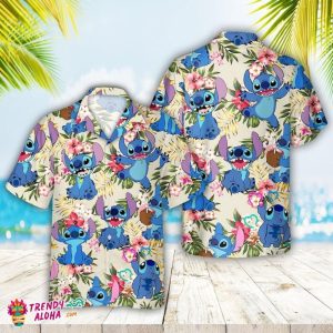Disney Stitch Themed Palm Tree Beach Men’s Short Sleeve Hawaiian Shirt