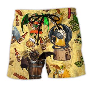 Dragon Drunkgon Loves Beer Cool Life Trendy KLA Hawaiian Beach Shorts