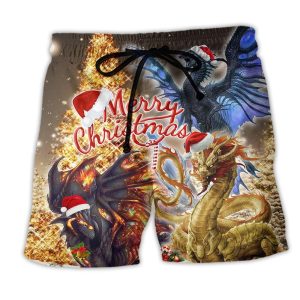 Dragon Merry Christmas Gold And Black Trendy KLA Hawaiian Beach Shorts