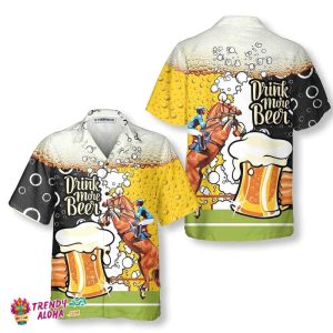 Drink More Beer And Racing Horse Hawaiian Shirt, Beer Mug Pattern Shirt, Beer Hawaiian Shirt, Best Gift For Beer Lovers