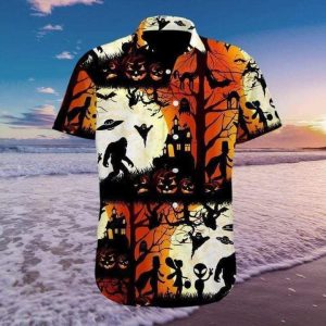 Ew People Bigfoot Ufo Halloween Camping Trendy Hawaiian Shirt, Unisex Print KLA Short Sleeve Casual Shirt
