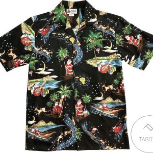 Festive Glow Santa Claus Makes a Mark on Black Hawaiian Shirt