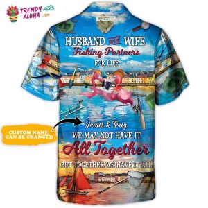Fishing Flamingo Husband And Wife Fishing Partners For Life Personalized – Hawaiian Shirt – Personalized Photo Gifts Hawaiian Shirt – Trendy KLA