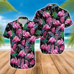 Flamingo KLA Shirt Black Background Flamingo Tropical Trendy Hawaiian Shirt Flamingo Hawaii Shirt
