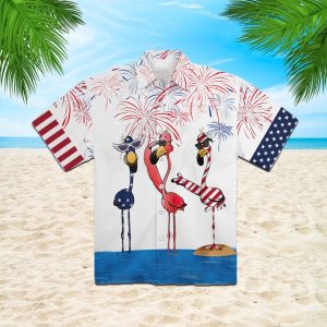 Flamingo American Flag Firework Hawaiian Shirt