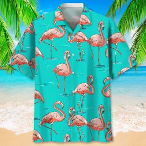Flamingo Blue Trendy Hawaiian Shirt, Short Sleeve Summer Vacation Beach Shirts For Men