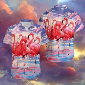 Flamingo Colorful Clouds Unisex Trendy Hawaiian Shirt, Flamingo Short Sleeve Hawaiian KLA Shirt, Flamingo Trendy Hawaiian Shirt For Men, Women