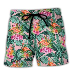Flamingo Colorful Tropical Leaf Style Trendy KLA Hawaiian Beach Shorts