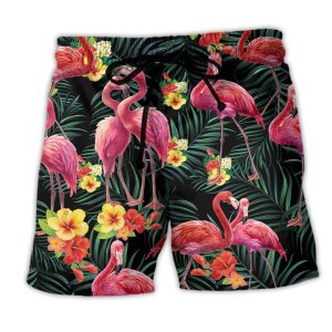 Flamingo Couple Love Flowers Trendy KLA Hawaiian Beach Shorts
