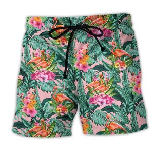 Flamingo Floral Tropical Leaf Trendy KLA Hawaiian Beach Shorts