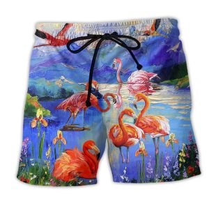Flamingo Fly To Hawaii Floral Trendy KLA Hawaiian Beach Shorts