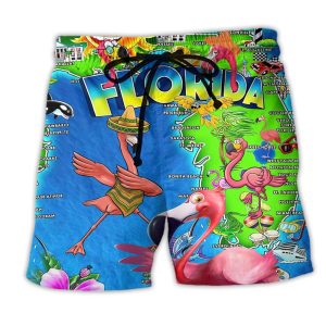 Flamingo Go To Florida To See Flamingo Trendy KLA Hawaiian Beach Shorts