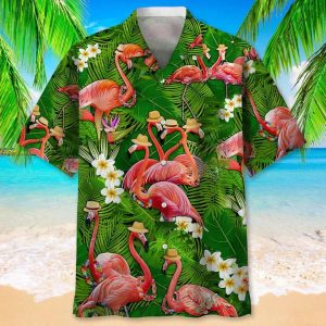 Flamingo Green Tropical Trendy Hawaiian Shirt, Short Sleeve Summer Vacation Beach Shirts For Men