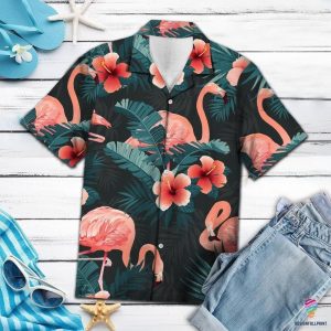 Flamingo Hawaii Shirt Orange Flamingo Dark Green Tropical Trendy Hawaiian Shirt Flamingo KLA Shirt