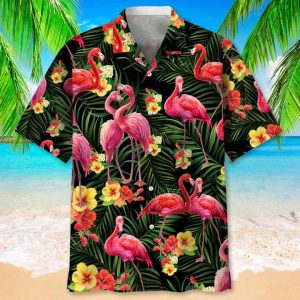 Flamingo Nature Tropical Trendy Hawaiian Shirt, Short Sleeve Summer Vacation Beach Shirts For Men