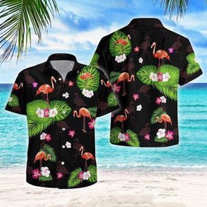 Flamingo Palm Black Tropical Hawaiian Shirt