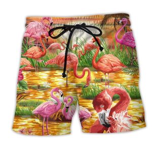 Flamingo Romantic Sunset With Flamingo Trendy KLA Hawaiian Beach Shorts