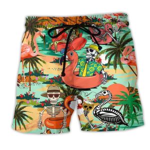 Flamingo Skull In Hawaii Tropical Summer Trendy KLA Hawaiian Beach Shorts