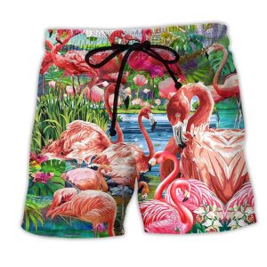 Flamingo Slow Down Enjoy The Moment Lotus Trendy KLA Hawaiian Beach Shorts