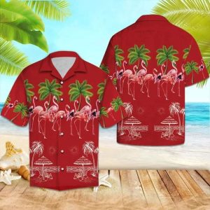 Flamingo Summer With Palm Trees In Red Trendy Hawaiian Shirt