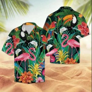 Flamingo Trendy Hawaiian Shirt, Tropical Animal Species Cool Design Trendy Hawaiian Shirt