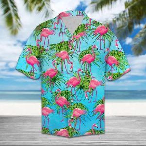 Flamingo Tropical Palm Leaves Summer Vacation Themed Trendy Hawaiian Shirt