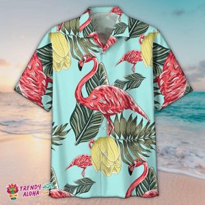 Flamingo Yellow Flower Leaf Tropical Hawaiian KLA Beach Shirt