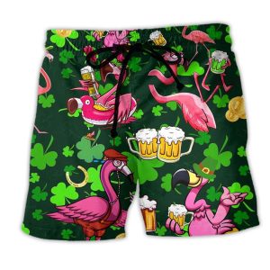 Flamingos Drink Beer Patricks Day Pattern Trendy KLA Hawaiian Beach Shorts