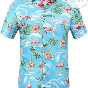 Flamingos Grace This Casual Blue Hawaiian Shirt With A Funky Twist