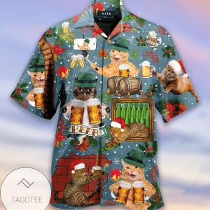 Frolicking Cats Enjoying a Beer on This Fun Hawaiian Shirt