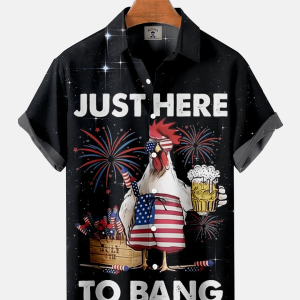 Fun Cartoon Flag Beer Couple Chicken Print Short Sleeve Shirt