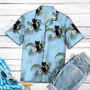Funny Black Cat Tropical Plants On Blue Trendy Hawaiian Shirt, Black Cat Trendy Hawaiian Shirt For Men And Women