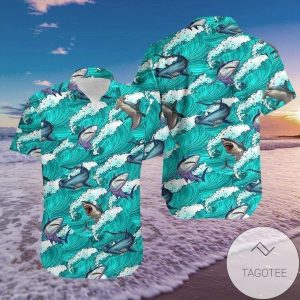 Funny Blue Shark On Wave Summer Vibe Tropical Hawaiian Shirt