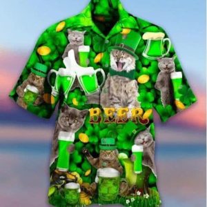 Funny Cat With Beer On Saint Patrick’s Day Hawaiian Shirt