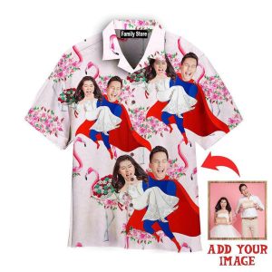 Funny Custom Face Beautiful Happy Wedding Couple Pink Flamingo Custom Hawaiian Shirt