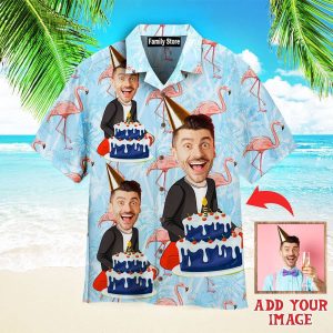 Funny Custom Face Happy Birthday Guy Flamingo On Blue Tropical Custom Hawaiian Shirt