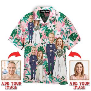 Funny Custom Face Happy Wedding Couple Flower On Pink Tropical Custom Hawaiian Shirt