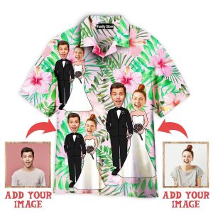 Funny Custom Face Happy Wedding Couple On Tropical Flowers Custom Hawaiian Shirt