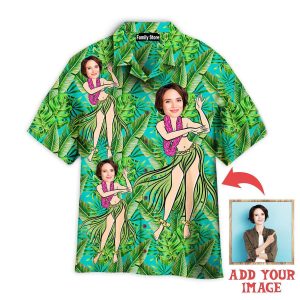 Funny Custom Face Hula Girl Green Tropical Custom Hawaiian Shirt