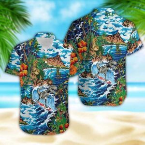 Funny Dinosaur Surfing On Tropical Island Hawaiian Shirt