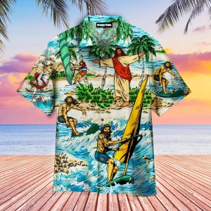 Funny Jesus Surfing Summer Tropical Hawaiian Shirt For