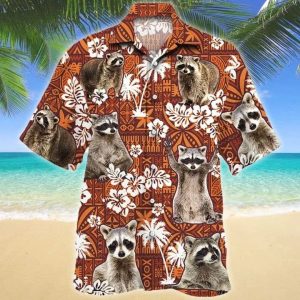 Funny Raccoon On Red Tribal Hawaiian Shirt