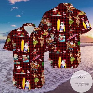 Funny Santa Claus Surfing Red Caro Pattern Hawaiian Shirts