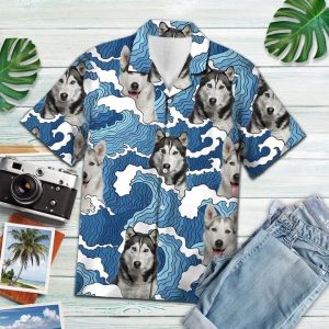Funny Siberian Husky Portrait On Ocean Wave Pattern Trendy Hawaiian Shirt