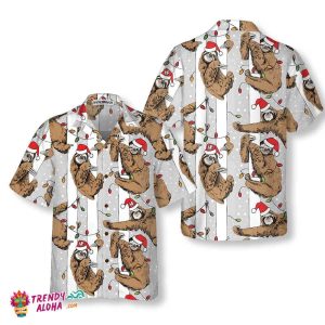 Funny Sloth In Santa Hat Grey Christmas Hawaiian Shirt, Best Christmas Sloth Hawaiian Shirt For Sloth Lover