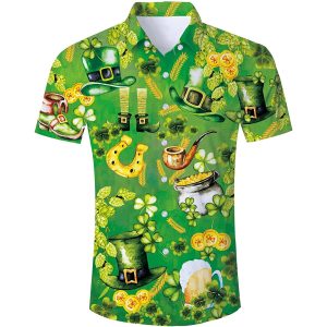 Funny St. Patrick’s Day Hawaiian Shirt with Green Shamrock St. Paddy’s Day Party and Beach Fun Shirt
